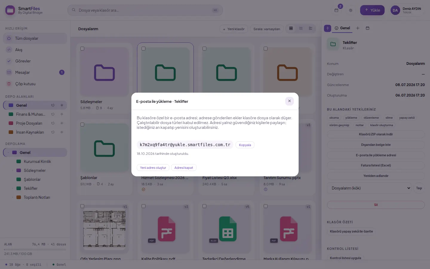 Email upload window: folder-specific address, Copy, and Create New Address