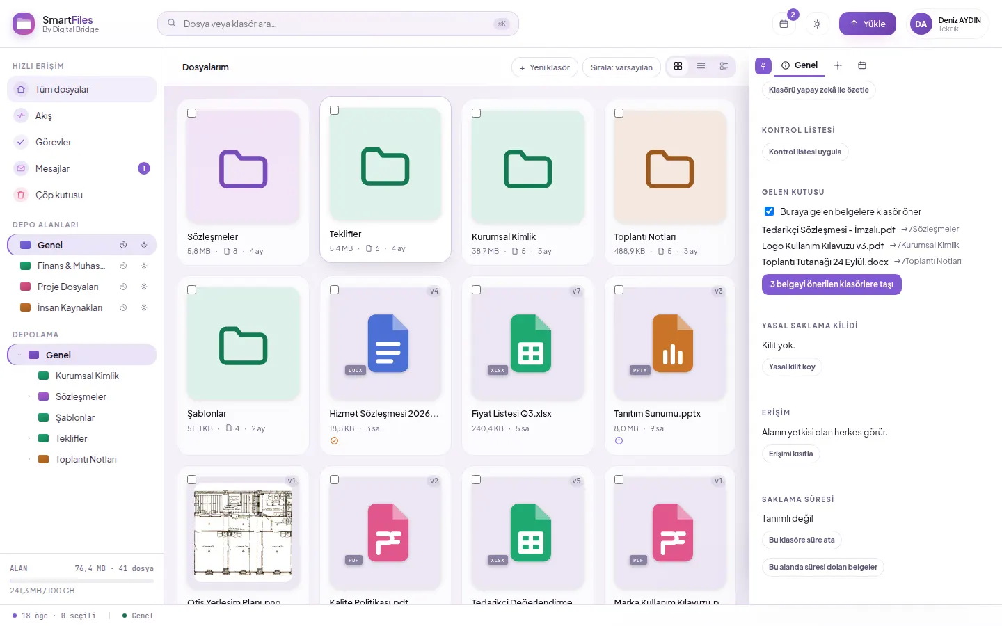 Inbox folder: documents and folders suggested by AI