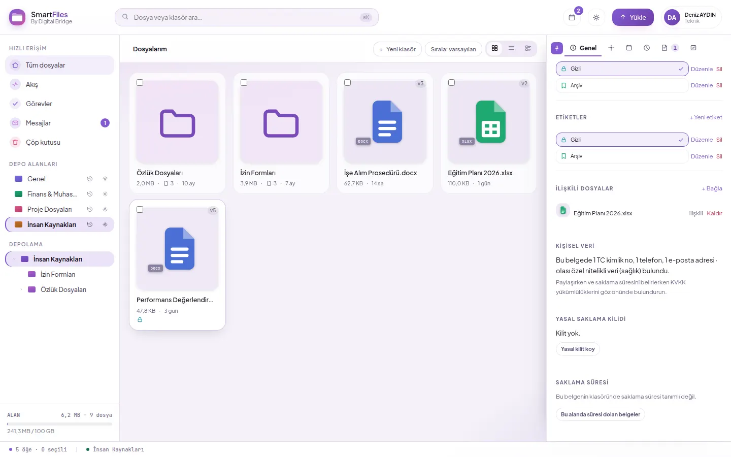 Personal data section in the detail panel: types and counts of personal data found in the document