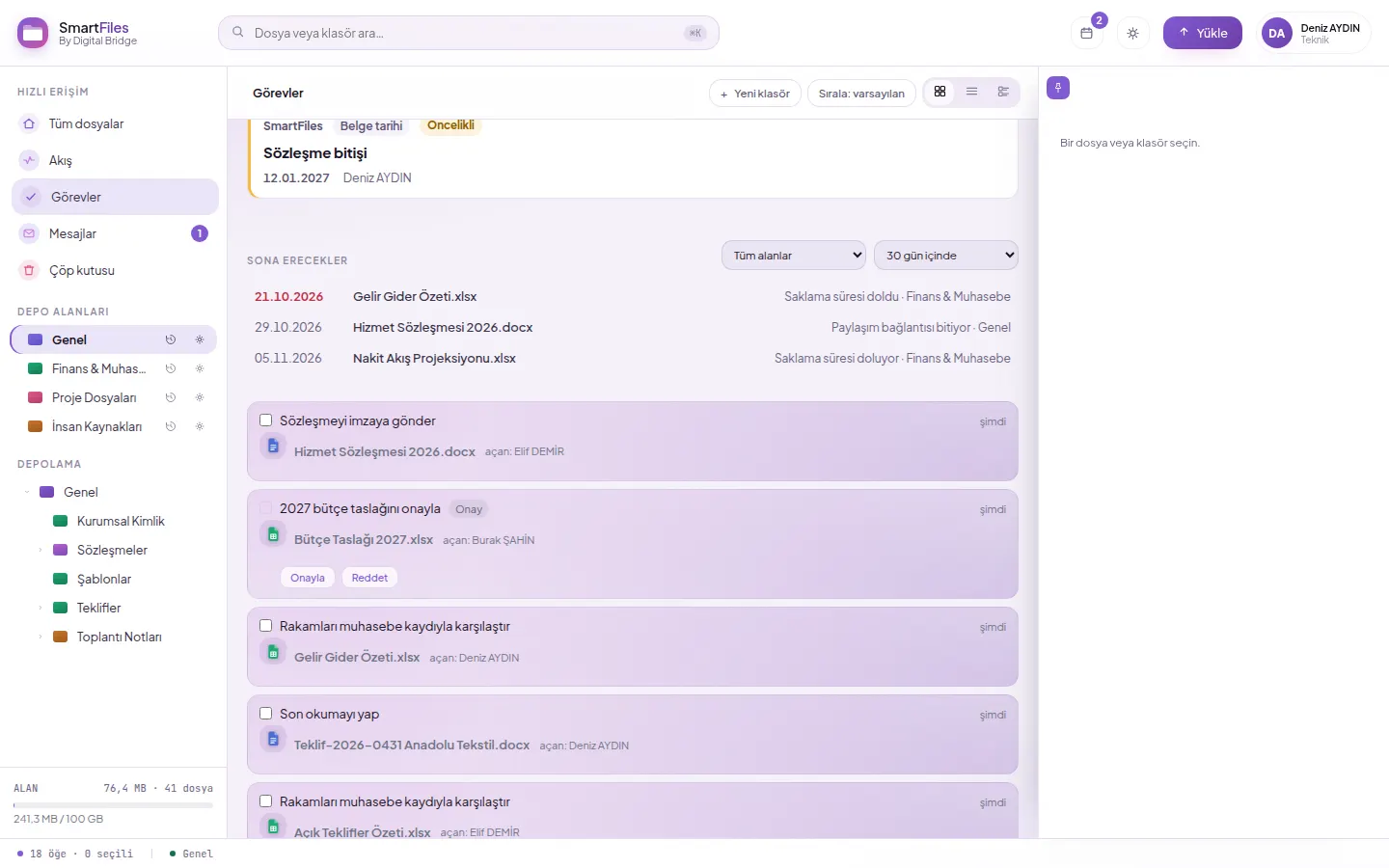 On the Tasks screen: Expiring — documents whose retention period has expired and sharing links that have ended.