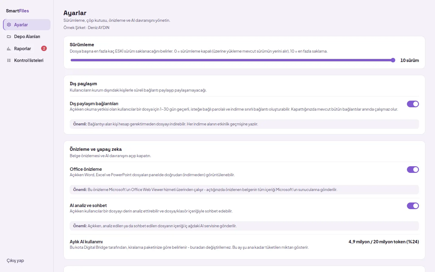 Settings screen: versioning, preview and AI settings