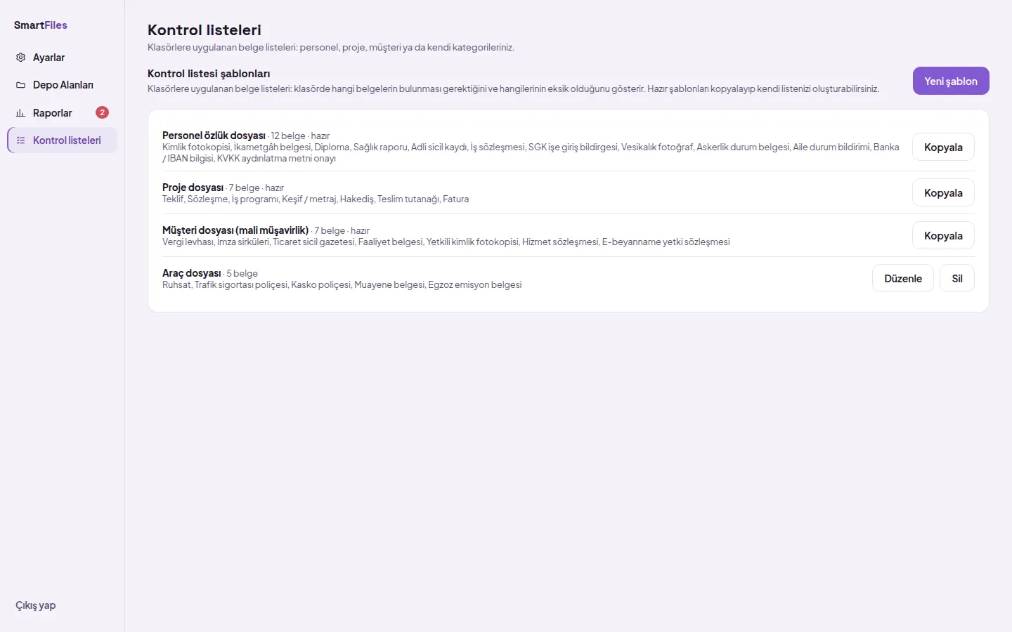 Checklist templates in settings: ready-made templates and the organization's own templates