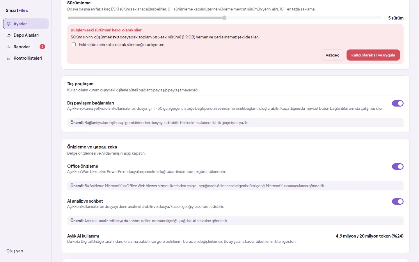 Warning and confirmation dialog when reducing the version limit