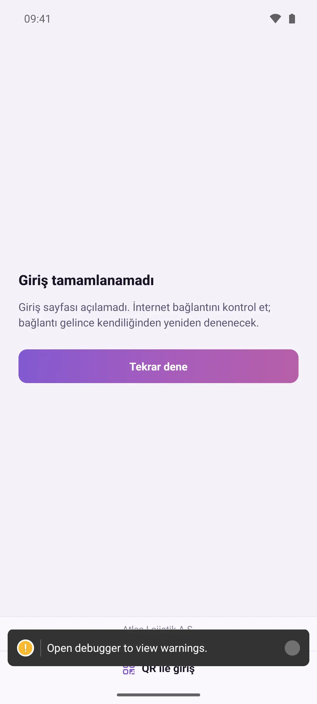 Login screen when offline: Login failed message and Try again button