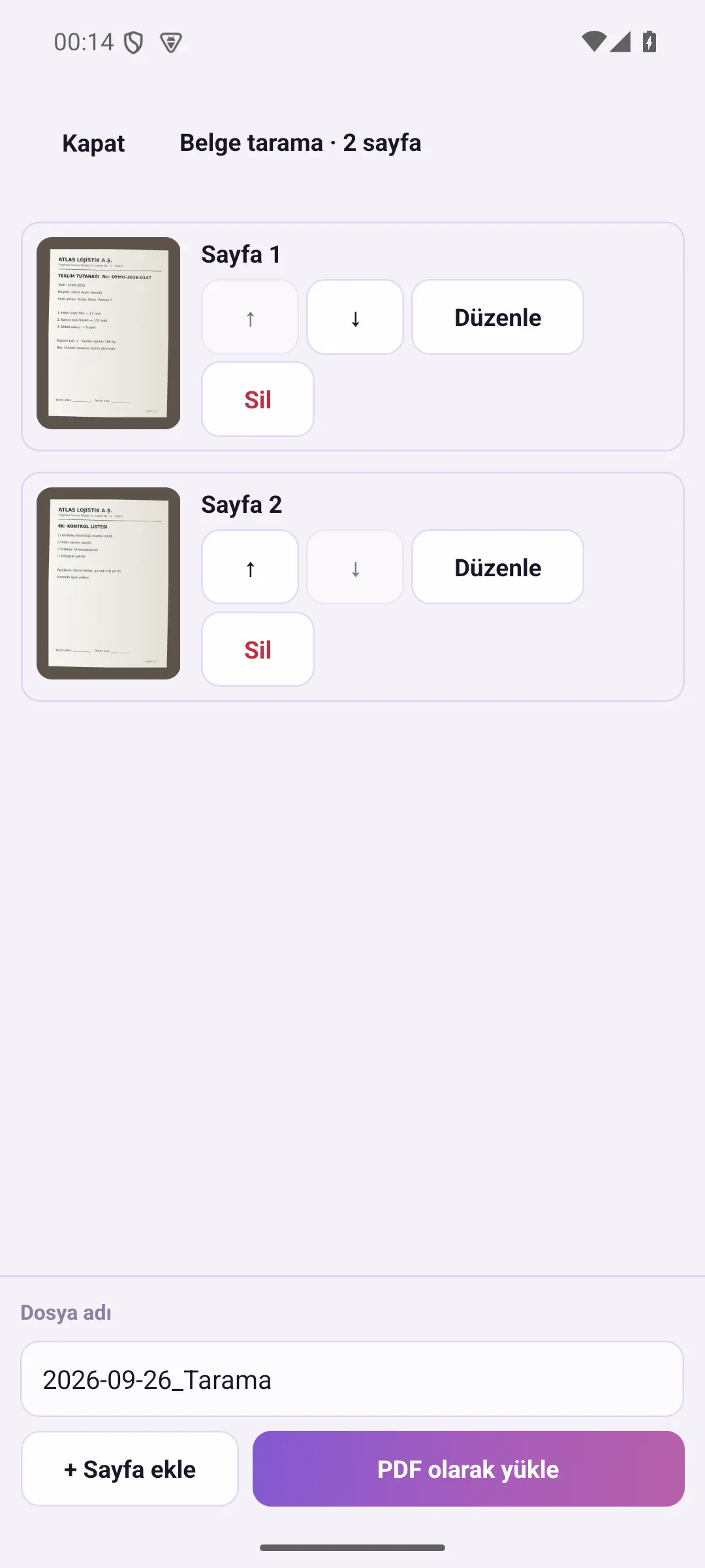 Document scanning: list of scanned pages and file name