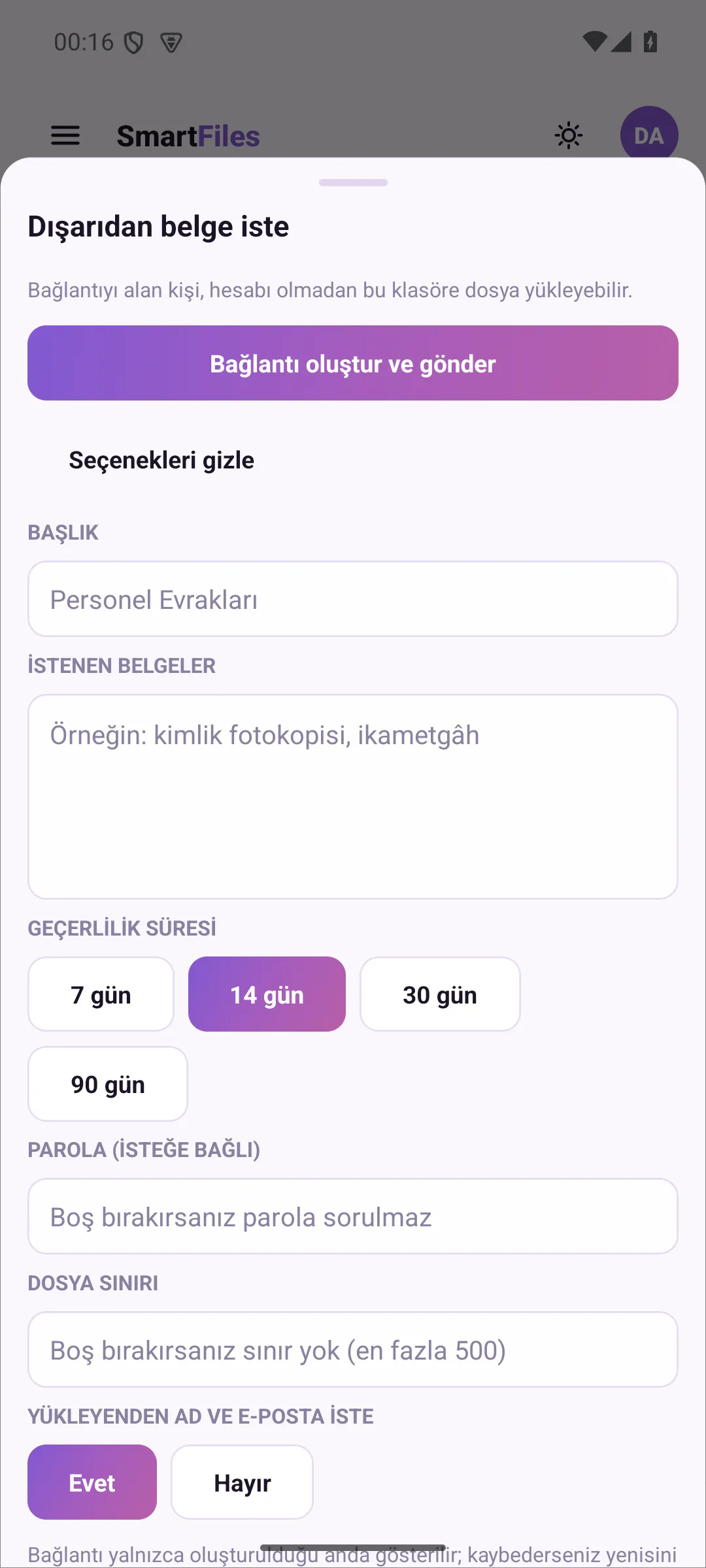 Options: duration, password, file limit, and identity verification