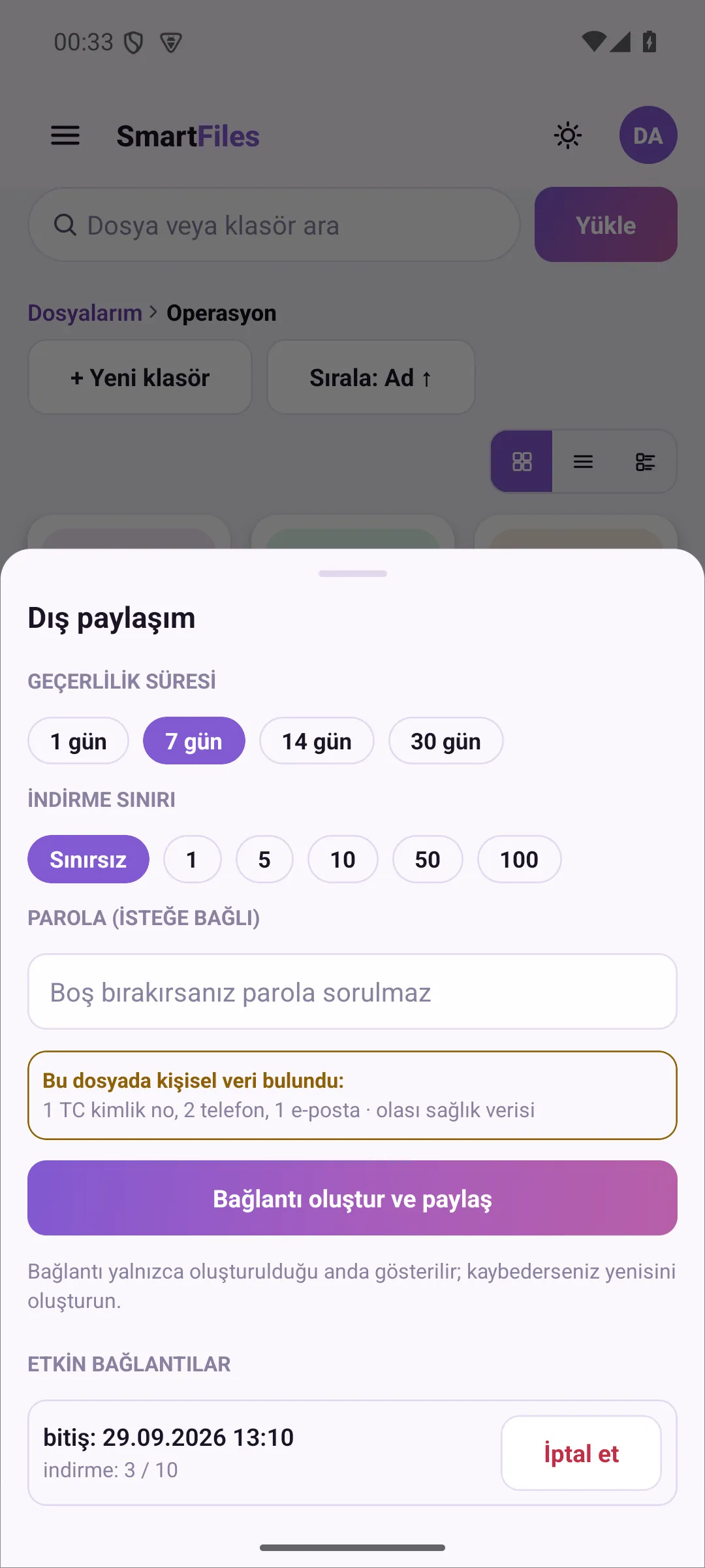 Personal data warning on the external sharing page