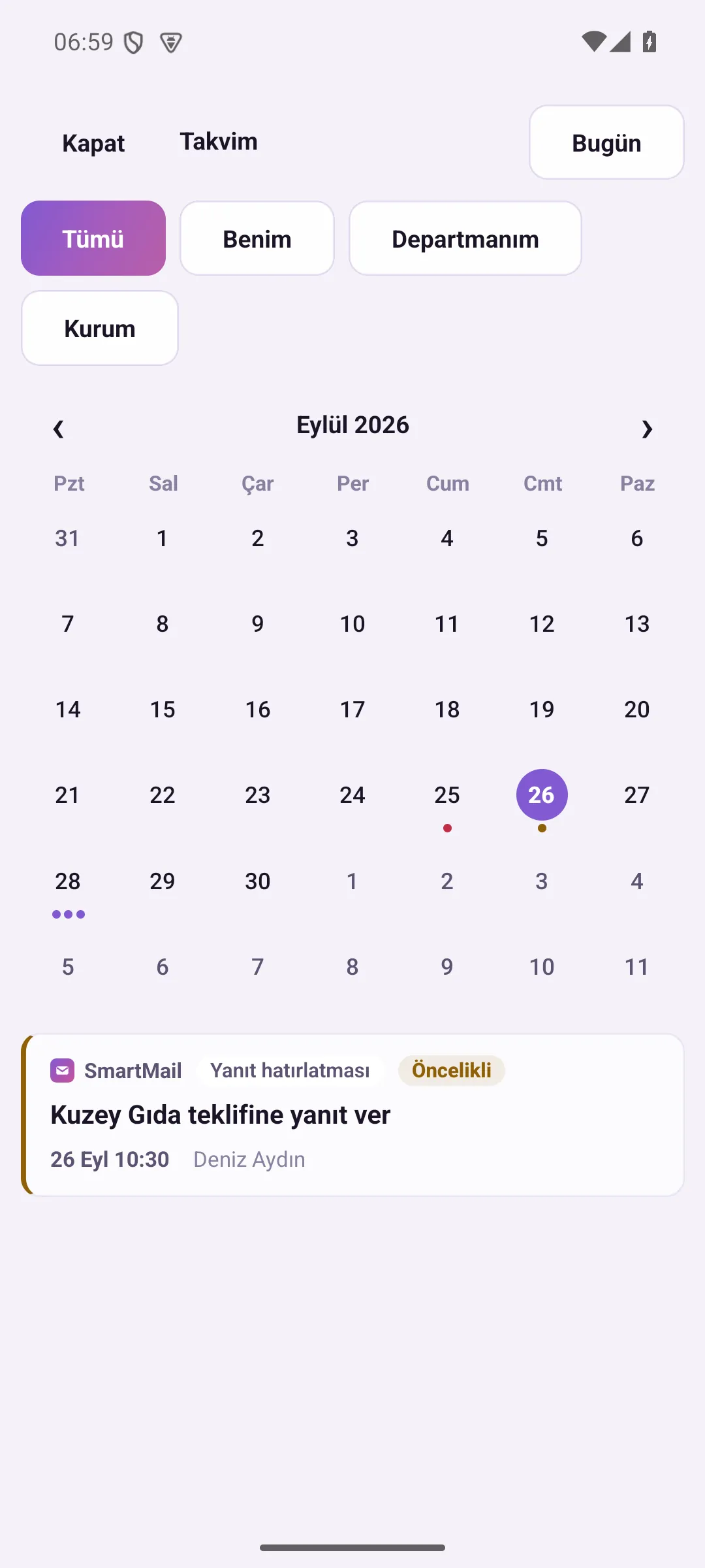 Calendar: filters, month grid and today's items
