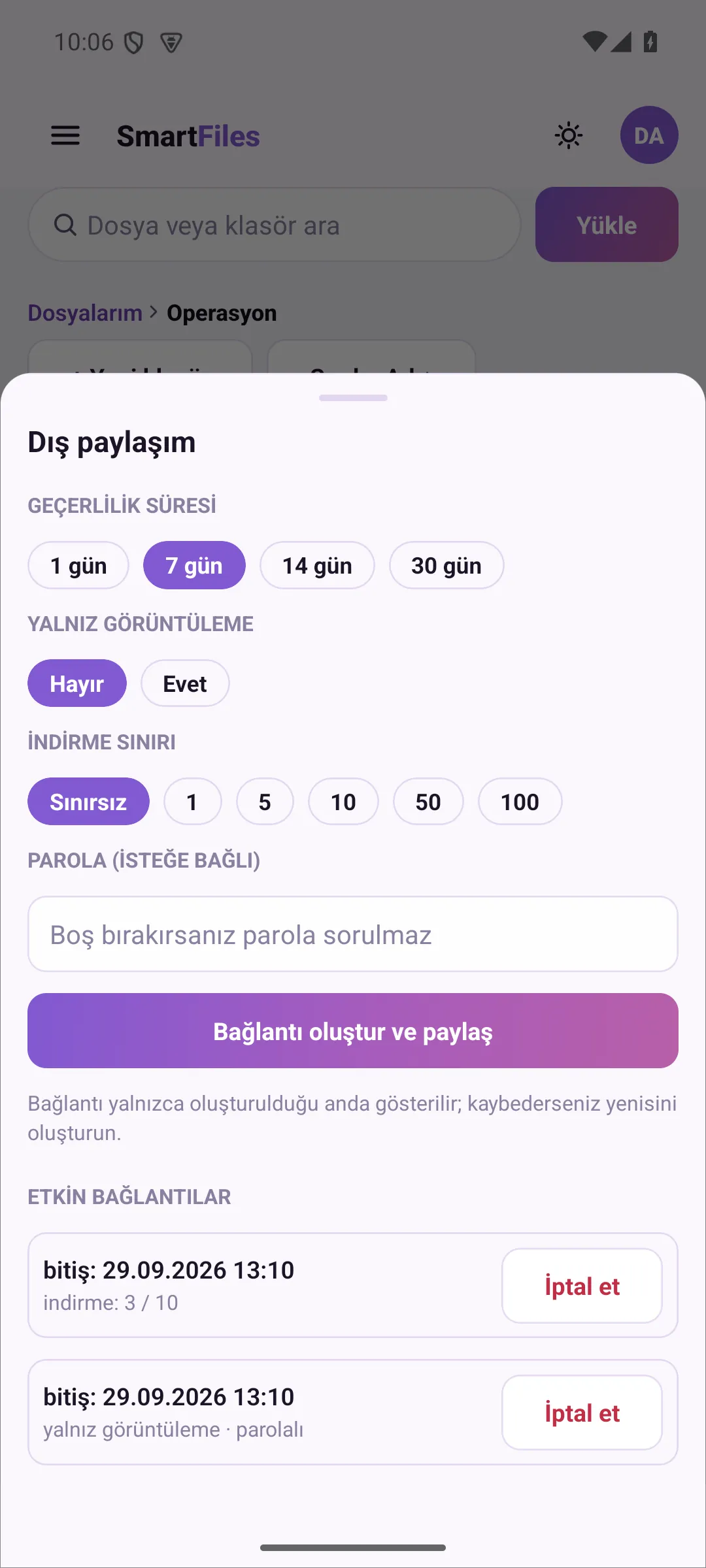 External sharing: duration, view-only option, and active links