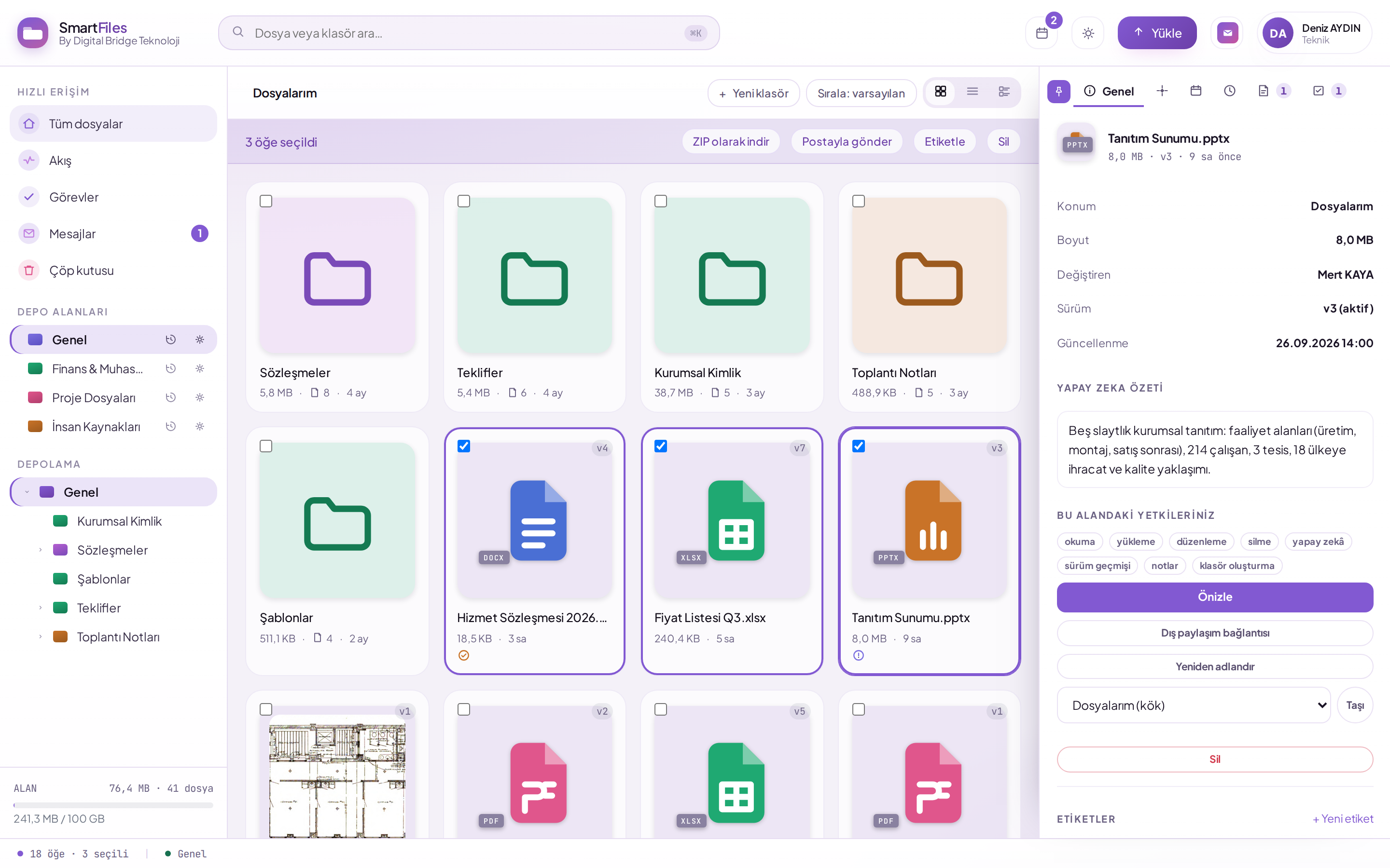 SmartFiles workspace: storage areas and folder tree on the left, file grid in the centre, detail panel on the right
