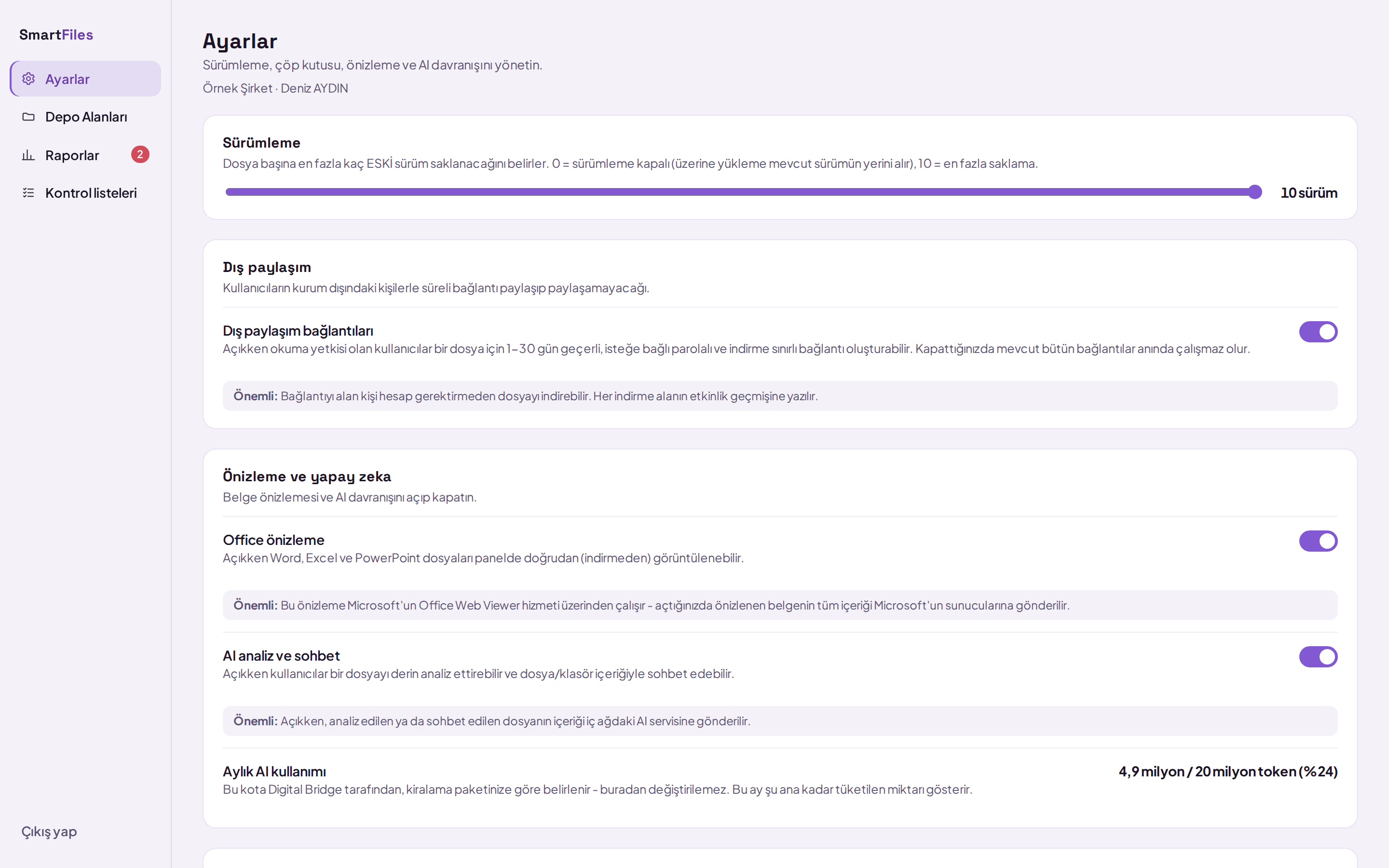 Settings screen: AI toggle switch and monthly usage indicator