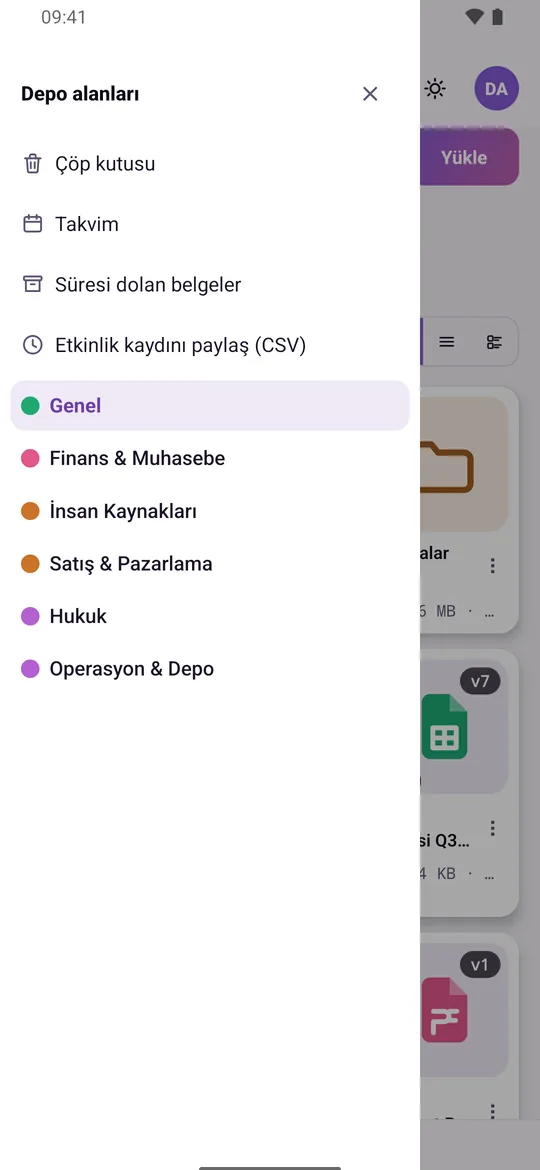 Storage areas drawer in the mobile app: workspaces separated by departments and the recycle bin