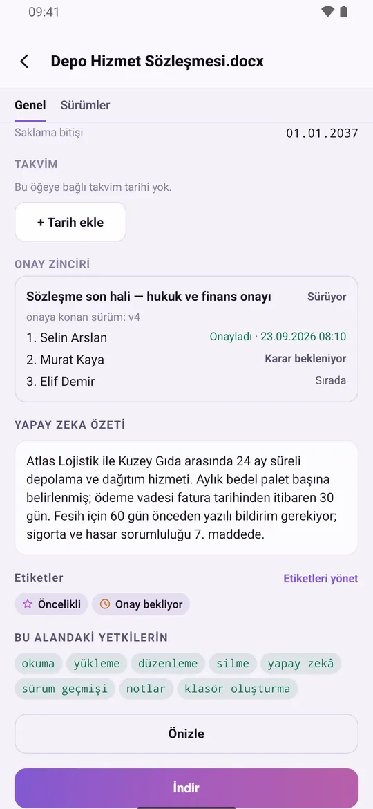 File details in the SmartFiles mobile app: AI summary, tags, and the user's permissions in this area