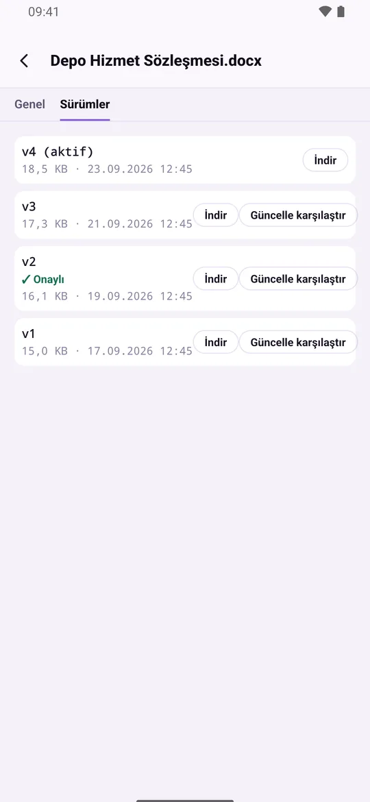 Version history in the mobile app: each version is downloadable individually with size and date details