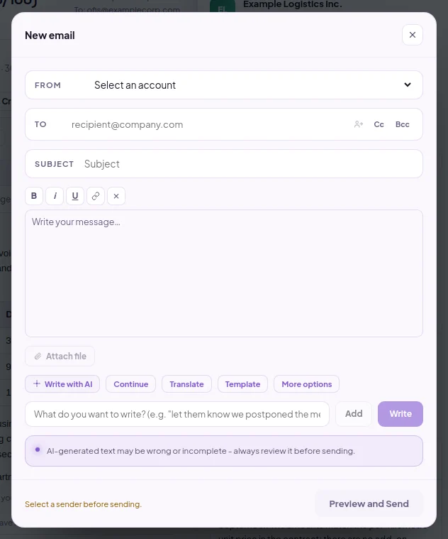 Write with AI in the new email window: instruction field, adding instructions and Write button