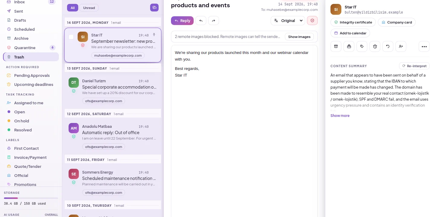 Trash: deleted emails and the Restore button in an open email