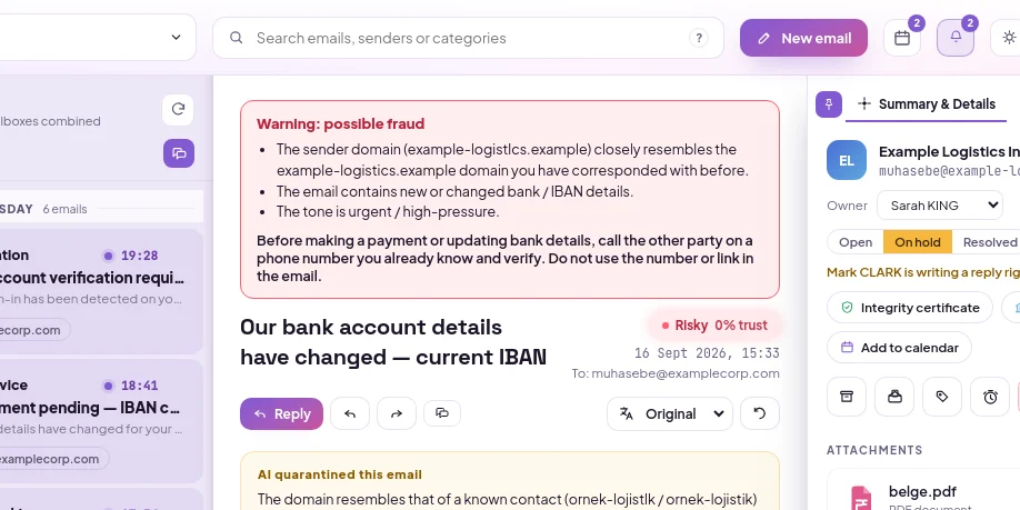 Fraud warning: a red banner at the top of the reading screen when a similar domain and an IBAN change occur together