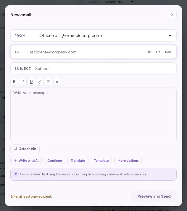 New email window: the Attach file button is available after the sender is selected