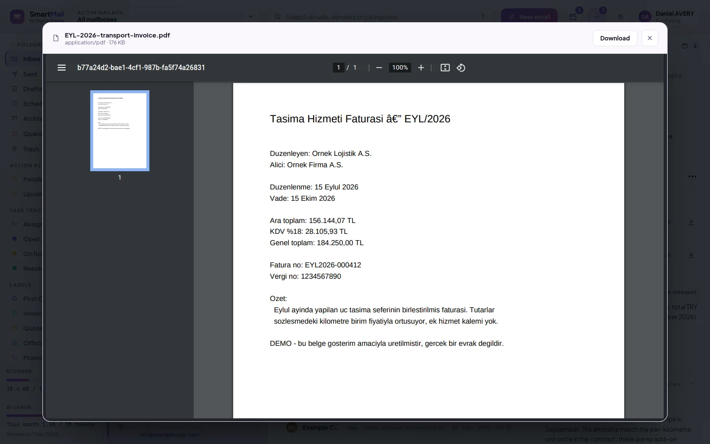 Attachment preview window: the file opens in the browser without leaving the panel, with a Download button at the top