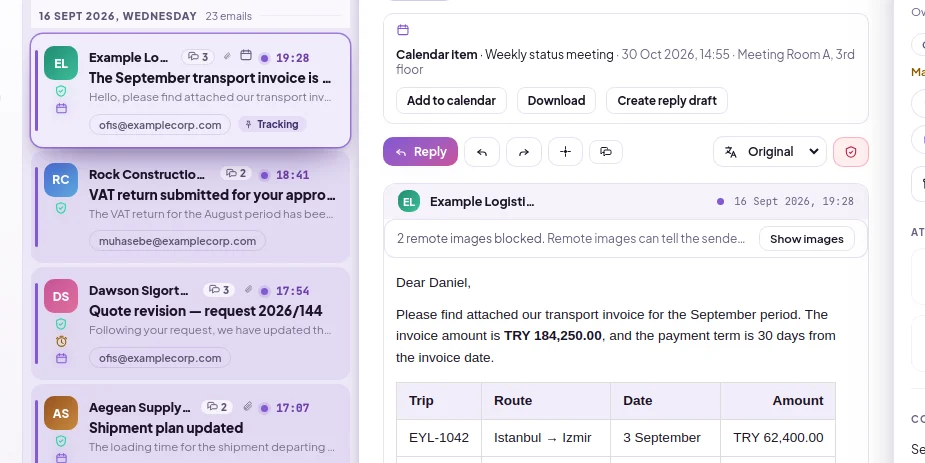 Action buttons above an open email: Reply, Reply All, Forward