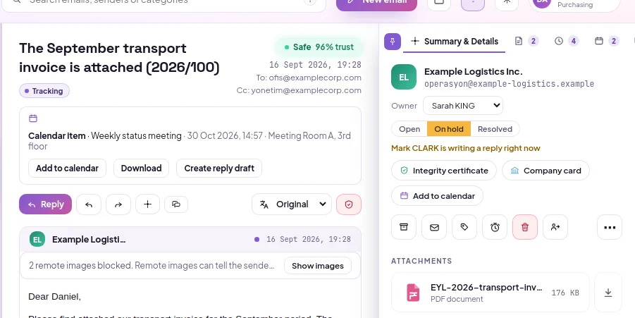 Task tracking on the reading pane: owner selection, Open / Pending / Resolved status and the teammate currently writing a reply