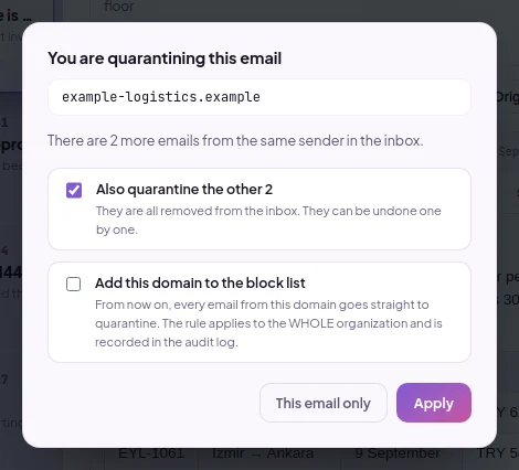 Quarantine window: options to quarantine only this mail, other mails from the same sender, and the domain
