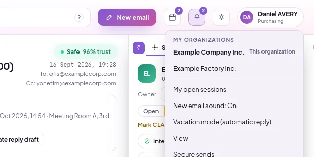 My organizations section in the My account menu: this organization is selected, other organizations can be selected with one click