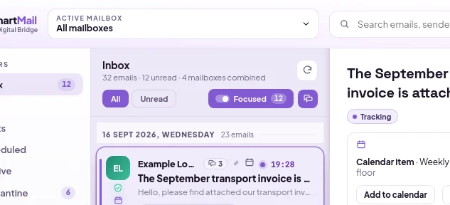 Email list: All and Unread filters, Focused toggle, grouped view icon, refresh button and email rows