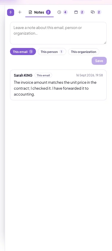 Notes tab of the assistant panel: note scope selection, note field and the team's notes