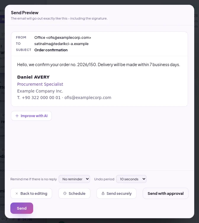 Send preview: the final version of the email, including the signature, and the Schedule, Send with approval and Send buttons