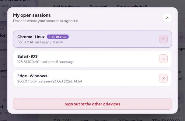 My open sessions window: devices where the account is open and last seen times