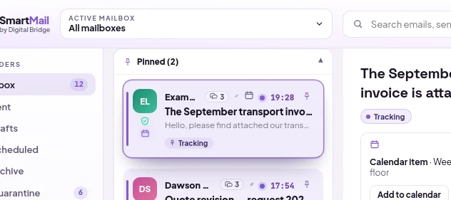 Pinned section above the email list; the pin button in the rows
