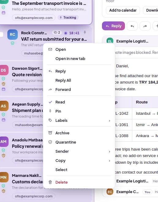 Menu that opens when you right-click a row in the email list: open, reply, forward, read, pin, labels, archive, quarantine, sender, copy, select, delete