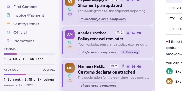 Storage and AI usage counters in the sidebar