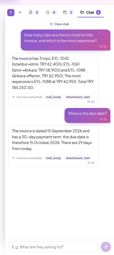 The Helper panel's Chat tab: questions asked about the email, answers and sources consulted