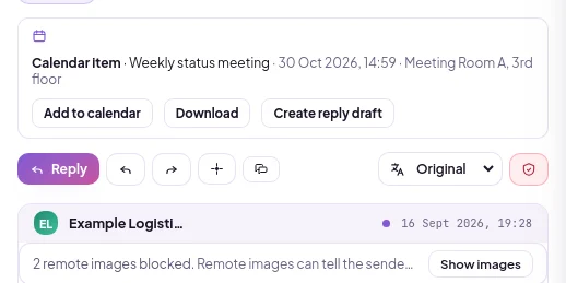 Calendar Item card: Add to calendar, Download and Create reply draft buttons, with demo data