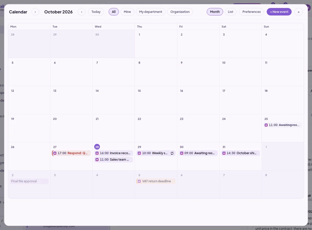 Calendar: SmartMail response times, response follow-ups and meetings, and SmartFiles final approval dates in the same month view