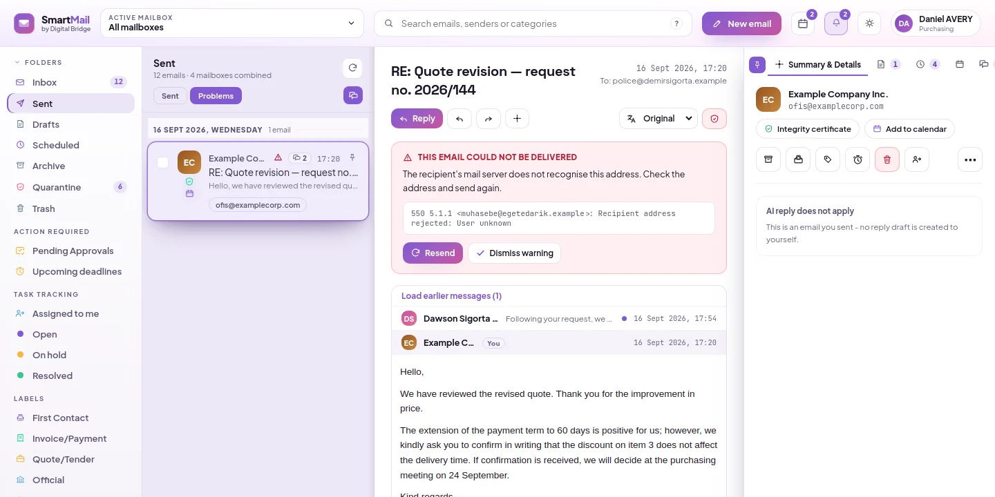 Undeliverable outgoing email: The Problematic filter, a warning in the list and a Resend button in the reading pane