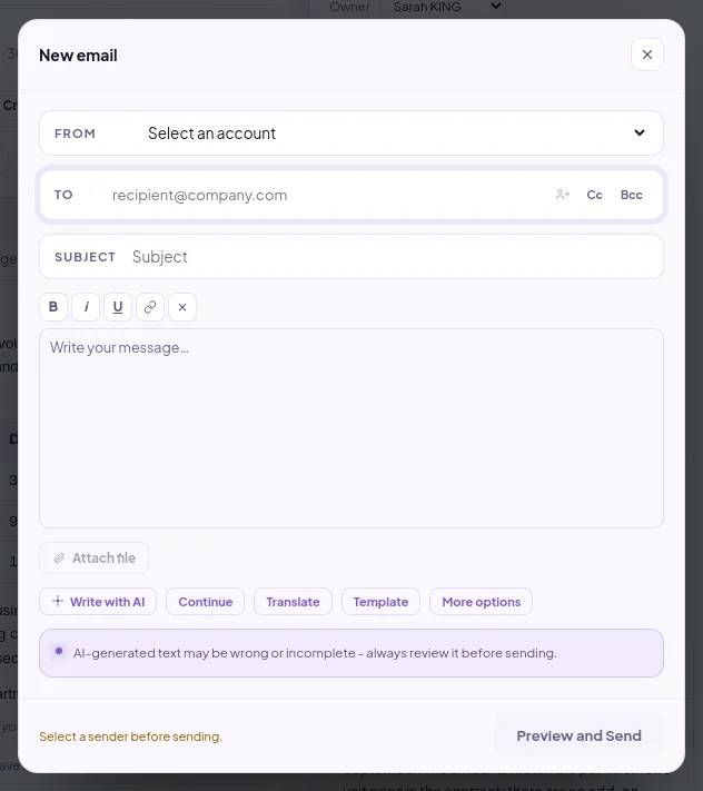 New email window: sender, To, Cc, Bcc, subject, formatting tools, attach file, Write with AI and Preview and Send
