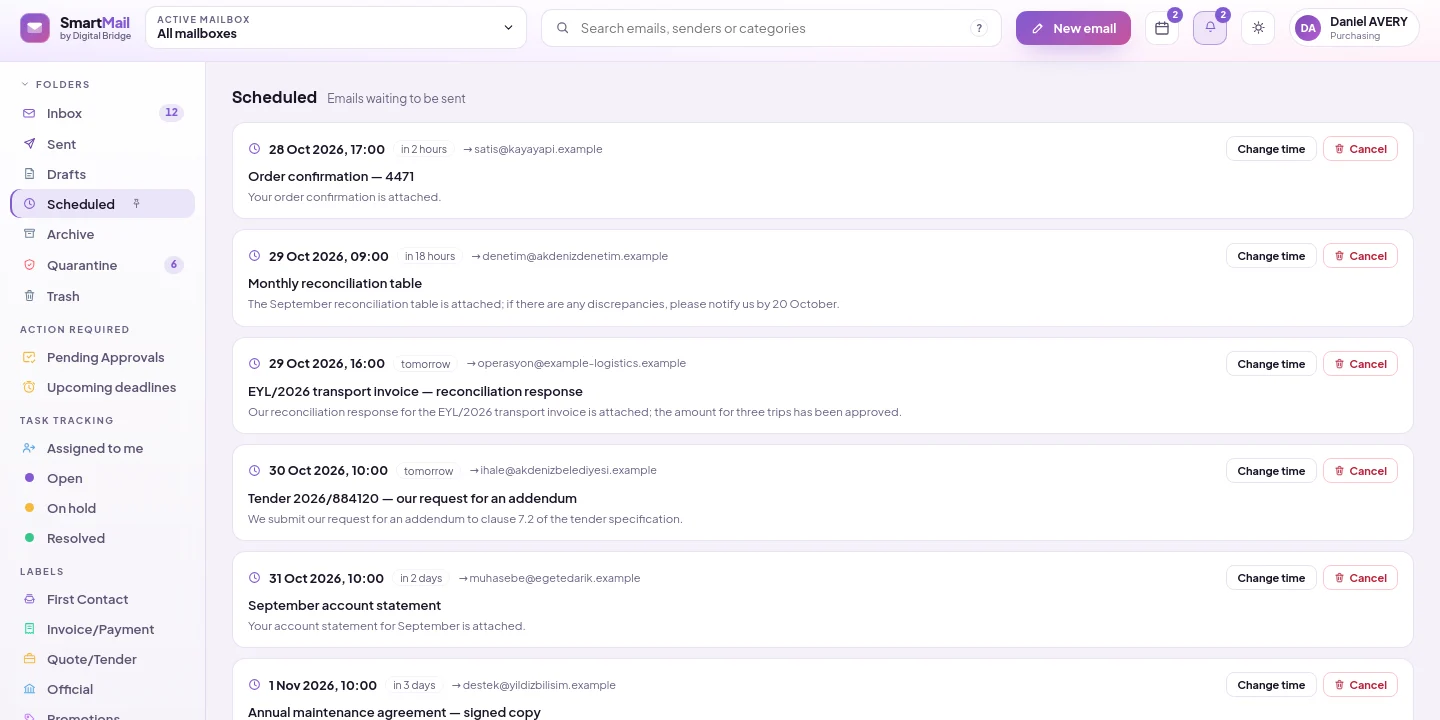 Scheduled folder: emails waiting to be sent, change time and cancel buttons