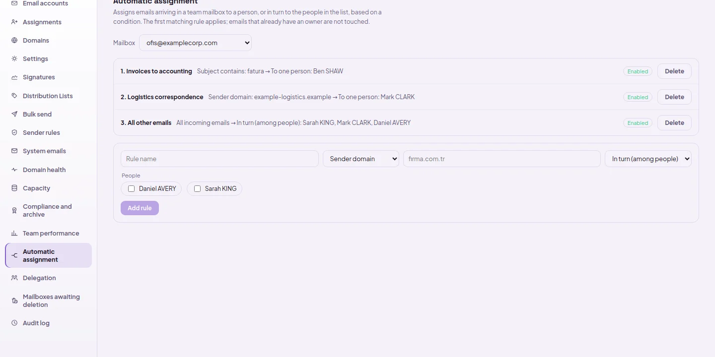 Automatic assignment rules: assign to one person or in turn among people based on a condition