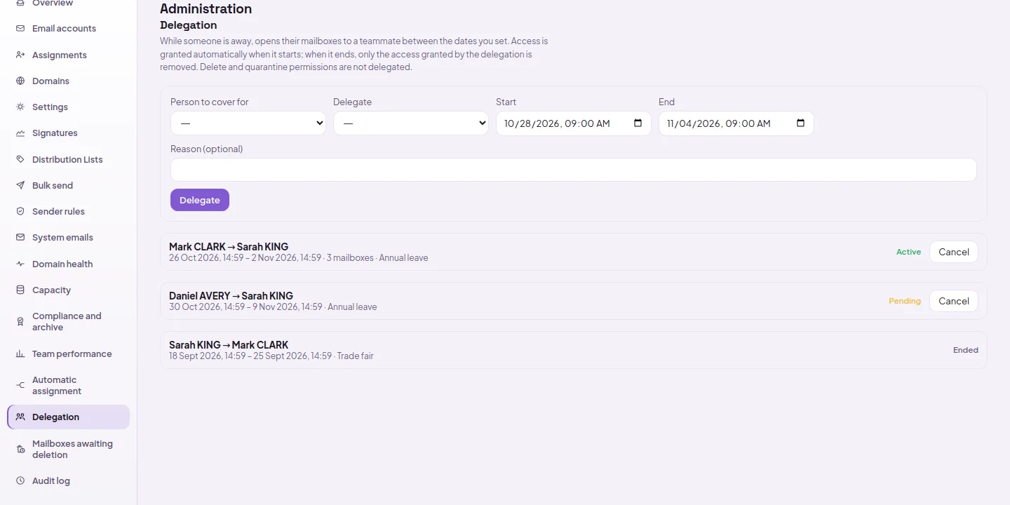 Proxy: person to cover, proxy, date range; active, pending, and expired proxies