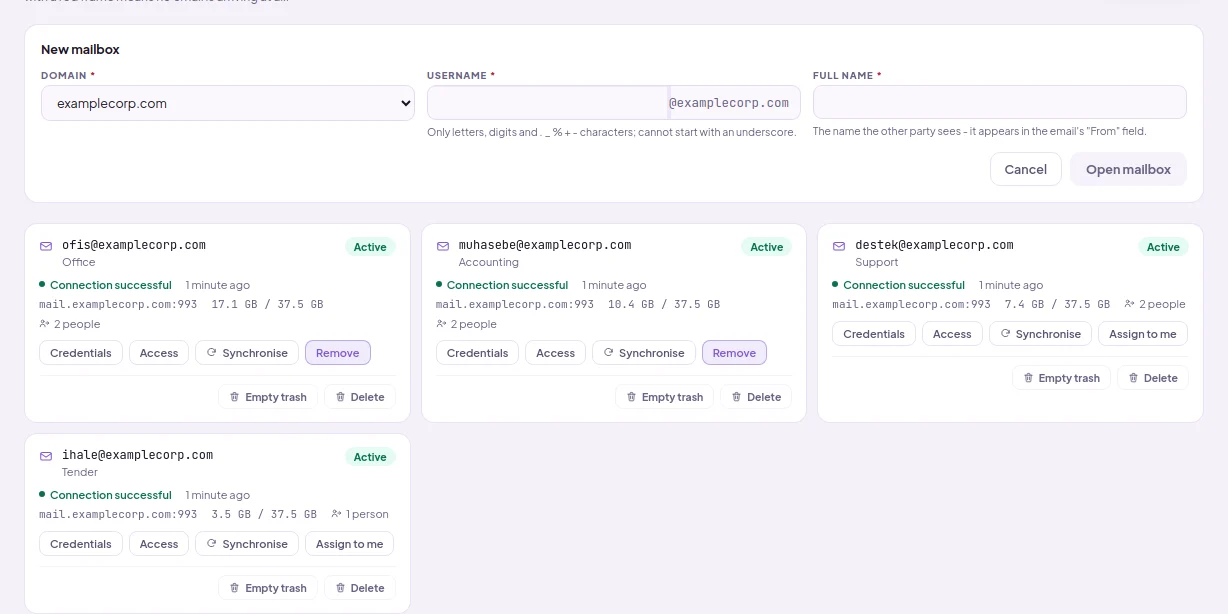 New mailbox form: domain selection, username and full name fields, Open mailbox button
