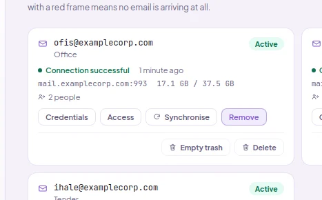 A mailbox's card: status button, sync, empty trash and delete buttons