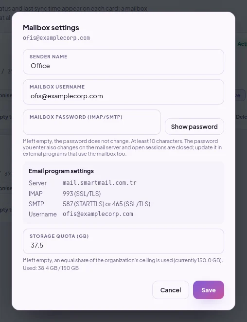 Mailbox settings window: mailbox username, Show Password button, and email program server and port information
