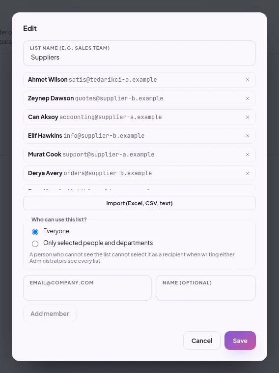 Distribution list edit window: list name, members, add member field and Save button