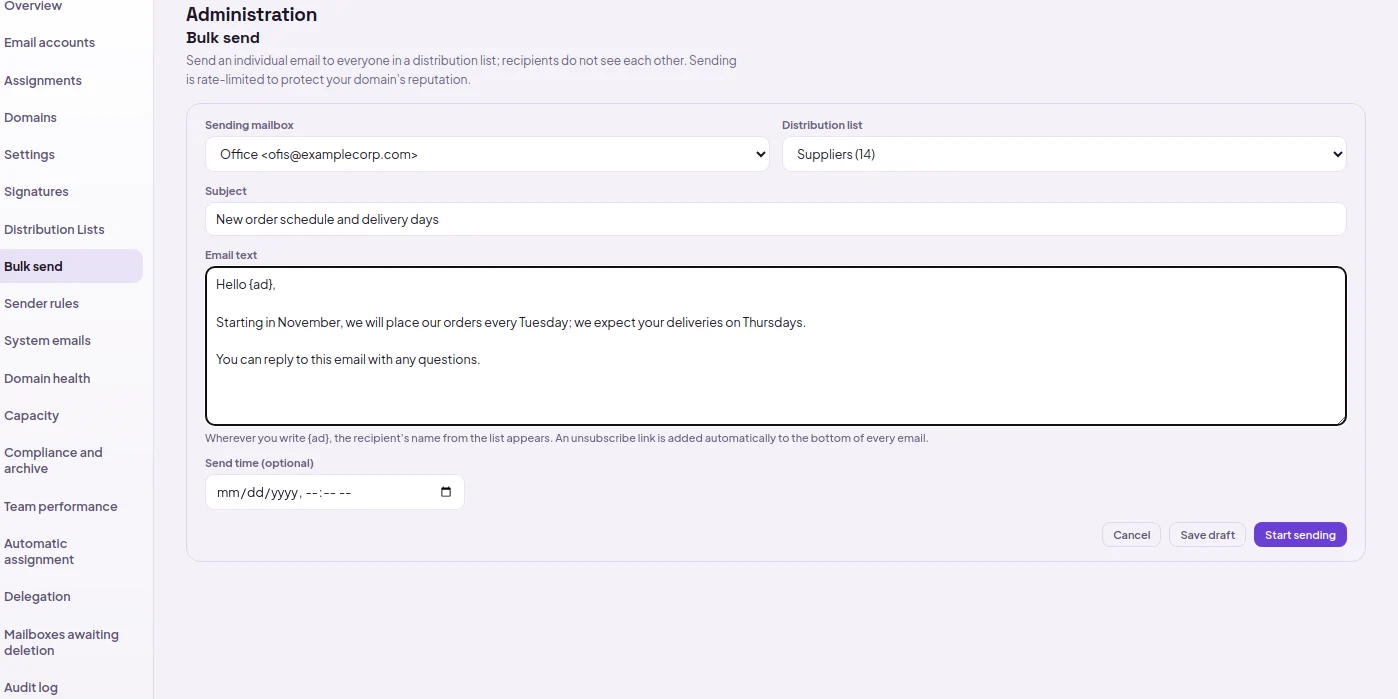 New bulk send form: sender mailbox, distribution list, subject, email body personalised with {ad} and optional send time