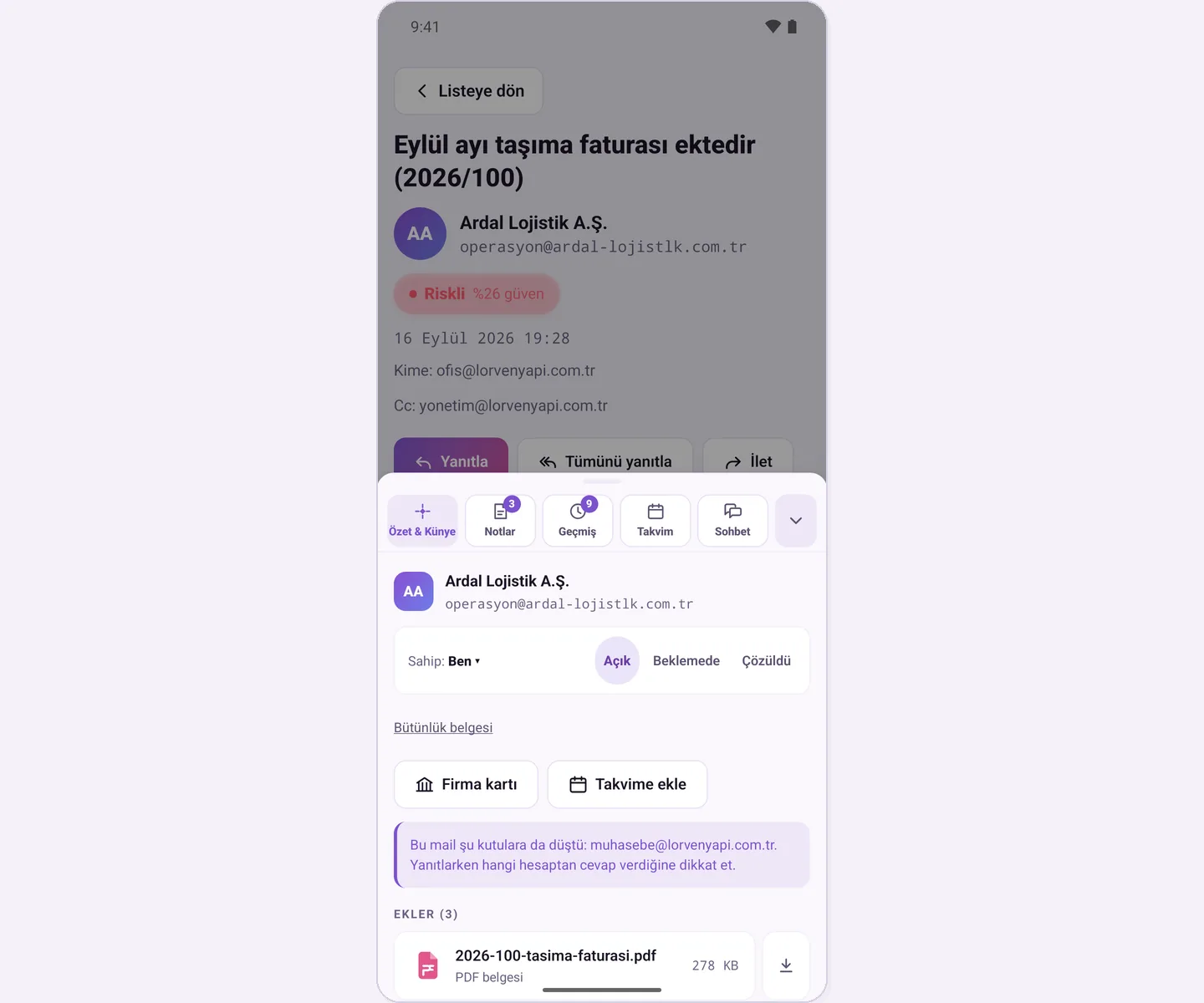 Summary & Details tab: sender, task tracking, company card and add to calendar, note that it was delivered to other mailboxes