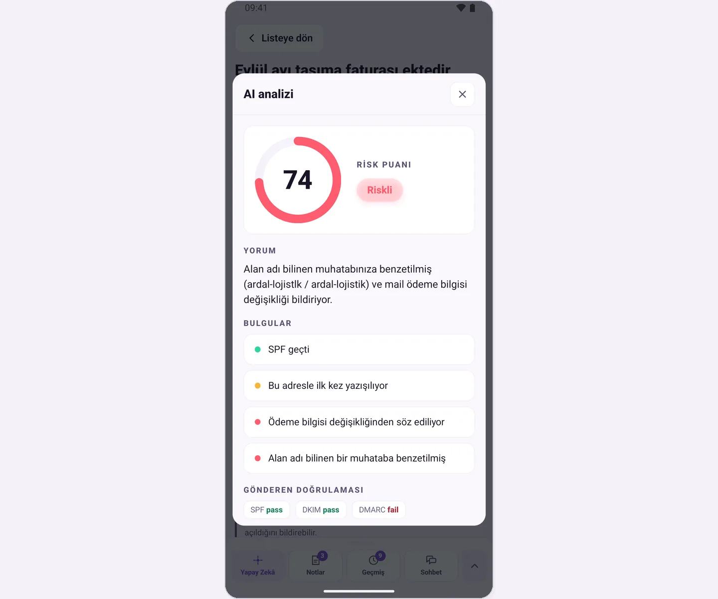 AI analysis window: risk score and findings