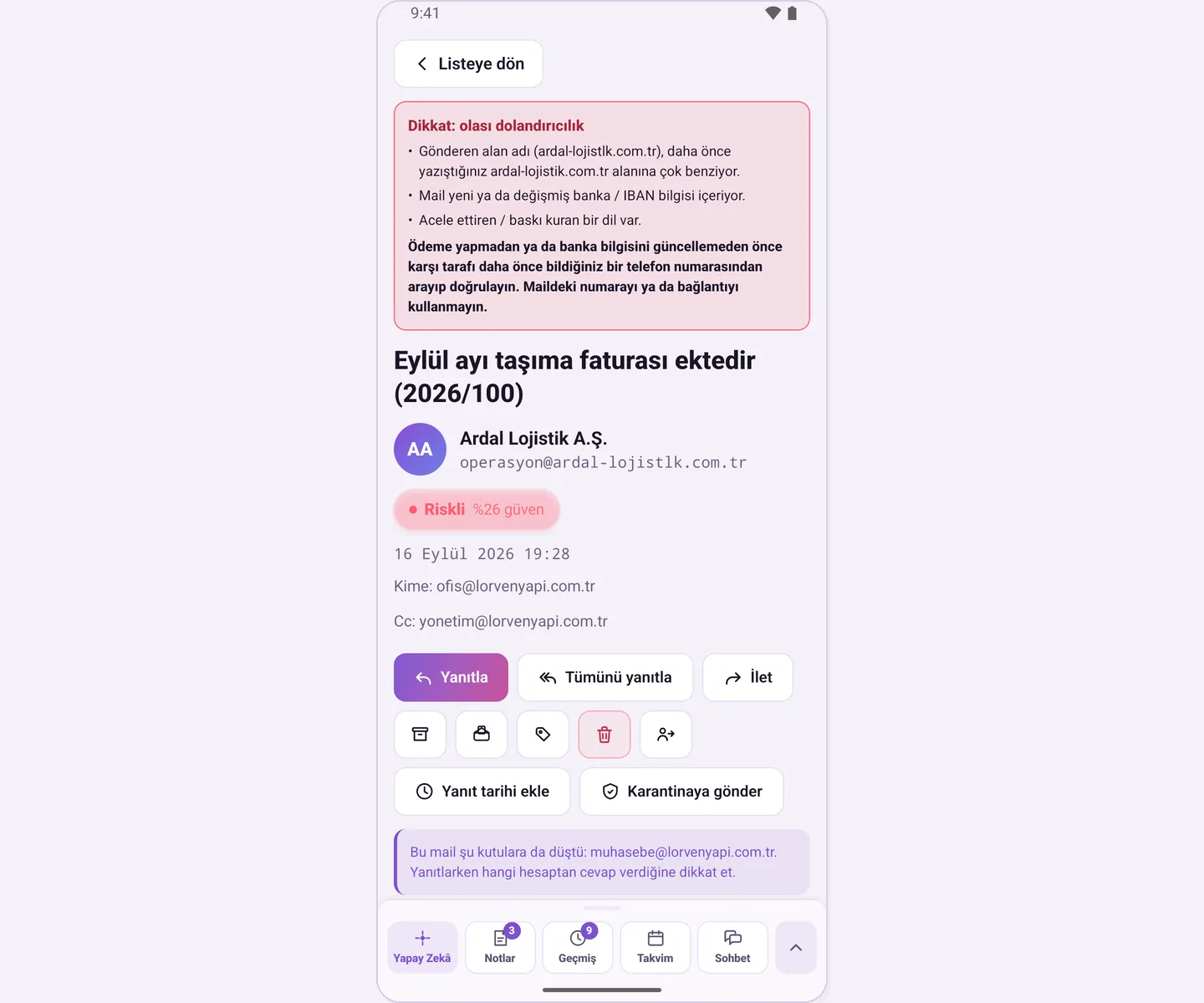 Possible fraud banner above the subject: reasons and recommendation